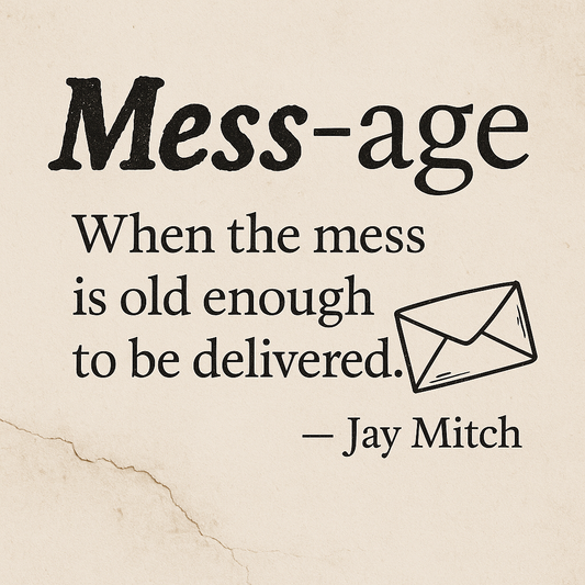 Inspirational quote that reads “Mess-age – When the mess is old enough to be delivered” on a textured background.
