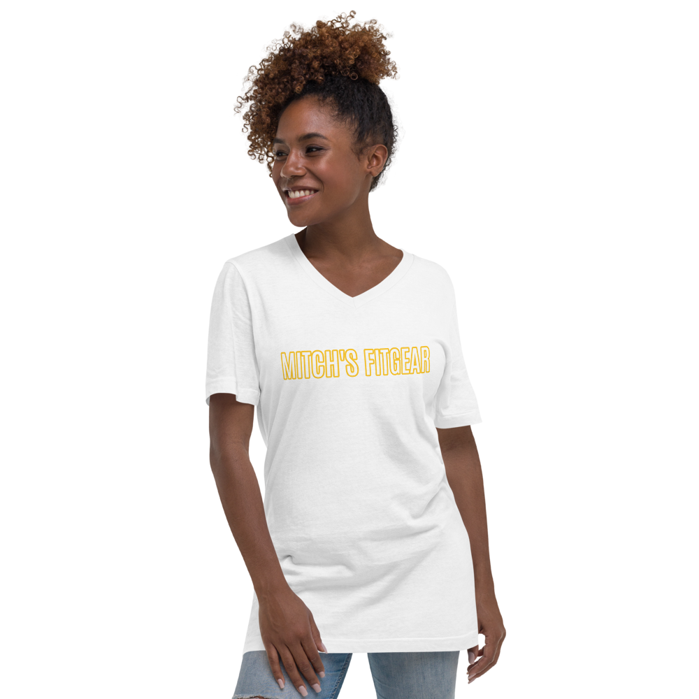 Women V-Neck T-Shirt - White Letters Yellow Outline
